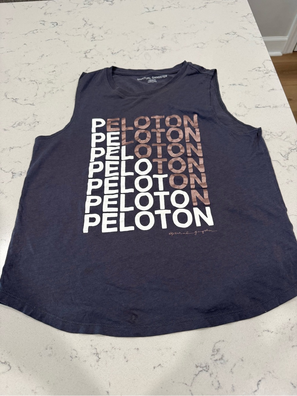 Spiritual Gangster Tank with Metallic Rose Gold & White Peloton Print - medium